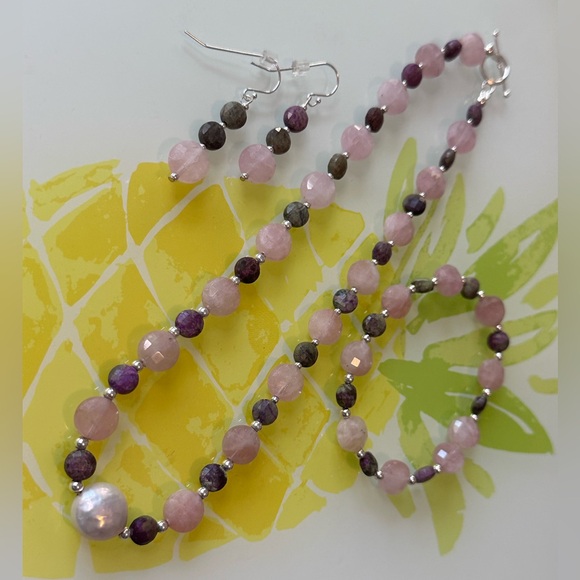 My Lei Maui Jewelry - Rose Quartz Atlantisite Coin & freshwater pearl Set in .925 Sterling Silver S14